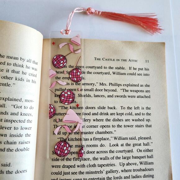 Disco Ball Cherry Print Bookmark Acrylic Pink Cute Coquette Bookish Gift For Her - Picture 12 of 14